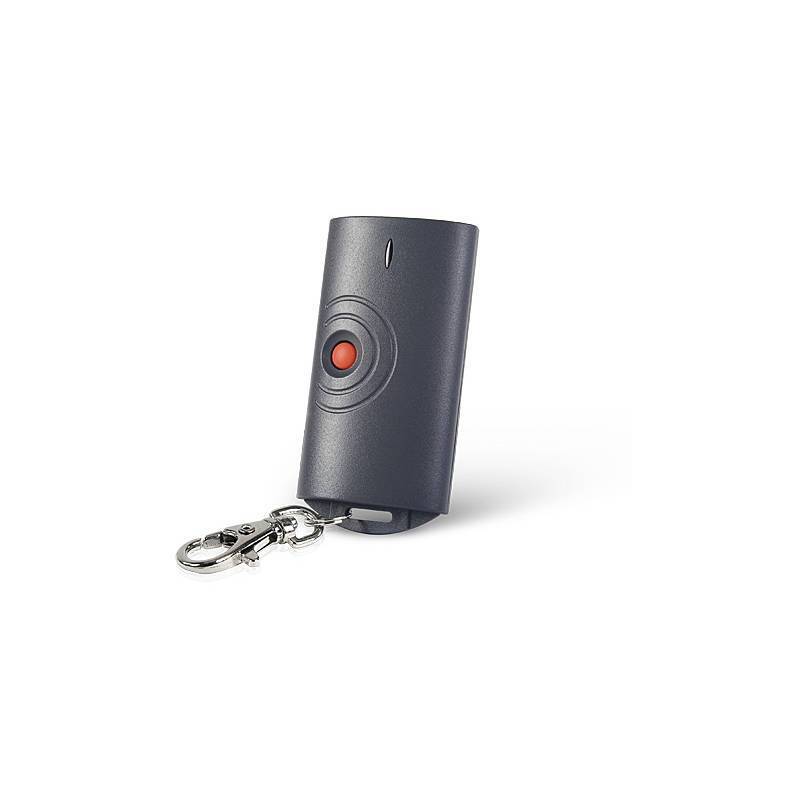 Ein kleiner schwarzer Schlüsselanhänger mit einer roten Taste und einem Metallschlüsselring.