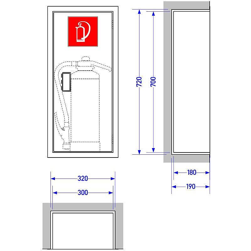 Diagramm des Feuerlöscherschranks mit Abmessungen: Höhe 720mm/700mm, Breite 320mm/300mm, Tiefe 180mm/190mm, mit einem Feuerlöschersymbol.