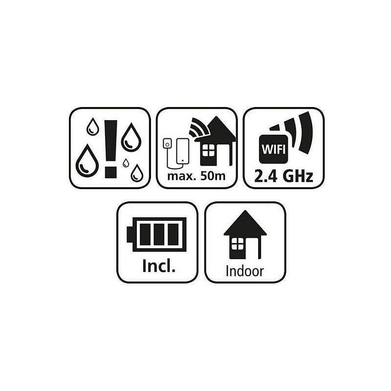 Für den Außeneinsatz mit Wasserwarnung, drahtlose Reichweite max. 50 m, WLAN 2,4 GHz, Batterie im Lieferumfang enthalten, nur für Innenbereich.