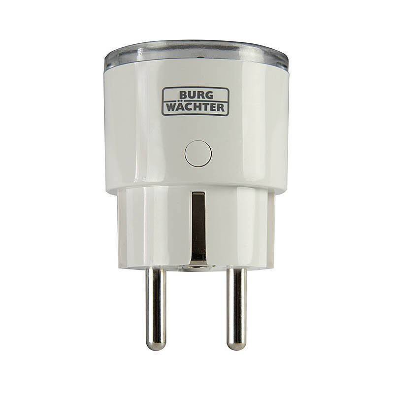 Ein weißer Spannungsprüfer-Stecker von Burg Wächter, ausgestattet mit zwei Metallzinken und einem kleinen Knopf auf seiner Vorderseite.