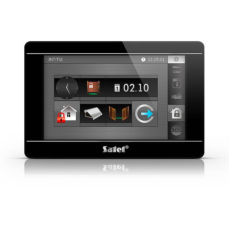 Satel INT-TSI Touchscreen-Alarmanlagenkontrollpanel mit Uhr, Datum, Zuhause-/Sicherheitssymbolen und Arm-/Entwaffnungsreglern.