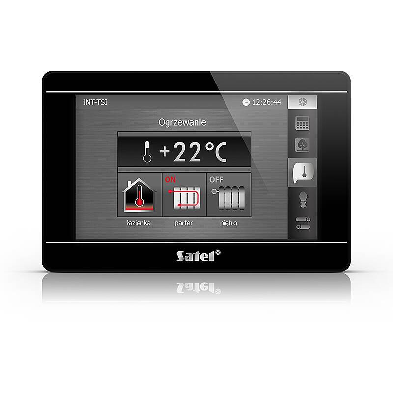 Wandmontagierter Satel-Touchscreen-Thermostat mit Heizung auf +22°C und Raumreglern für Badezimmer, Erdgeschoss und Obergeschoss.