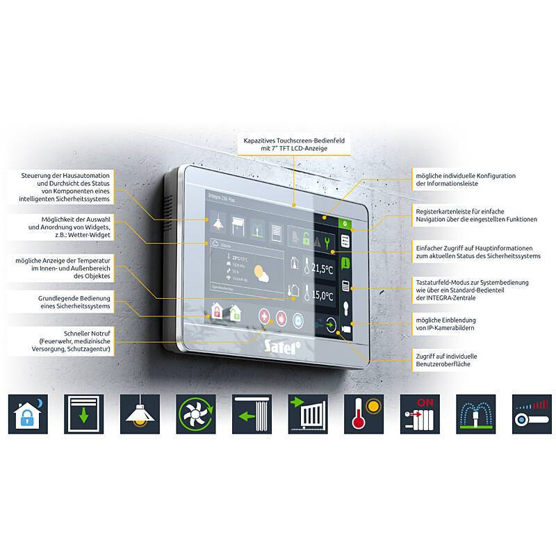 Satel INT-TSI-W Bedienteil, 7'' Touchscreen, Bedienteil | Einsatzgebiet:Haustür, Treppenhaus, Flur | Bedienung:direkt a