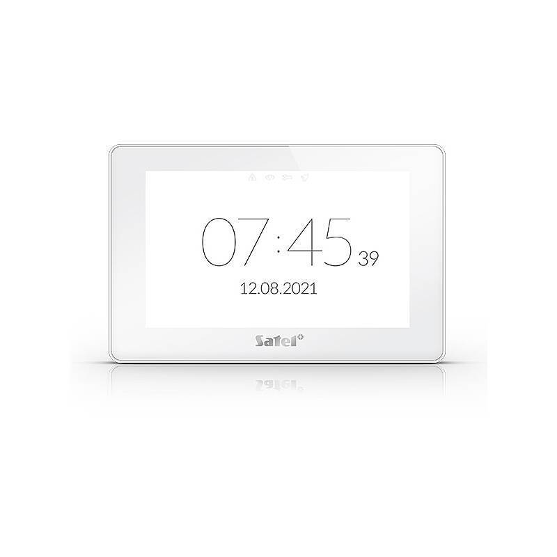 Ein weißes digitales Display zeigt die Uhrzeit '07:45' und das Datum '12.08.2021' an. Das Gerät ist unten mit 'Satel' gekennzeichnet.