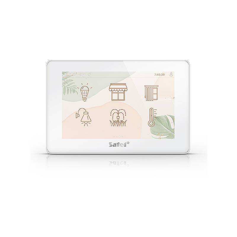 Ein digitales Haussteuerungspanel mit Symbolen für Beleuchtung, Jalousien, Alarme und Temperatur, die die Uhrzeit als 7:05:59 anzeigen.