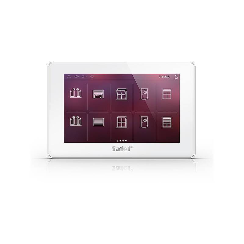 Ein weißes Touchscreen-Bedienfeld mit roter Benutzeroberfläche, auf der Symbole des Heimsicherheitssystems angezeigt werden, einschließlich Türen, einer Kamera und Einstellungen.