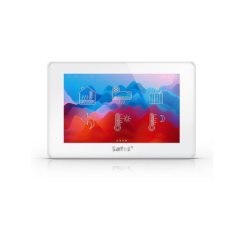 Ein Touchscreen-Thermostat, das Symbole für Zuhause, Heizung, Lüfter und Temperatureinstellungen vor einem farbenfrohen Farbverlaufshintergrund anzeigt.