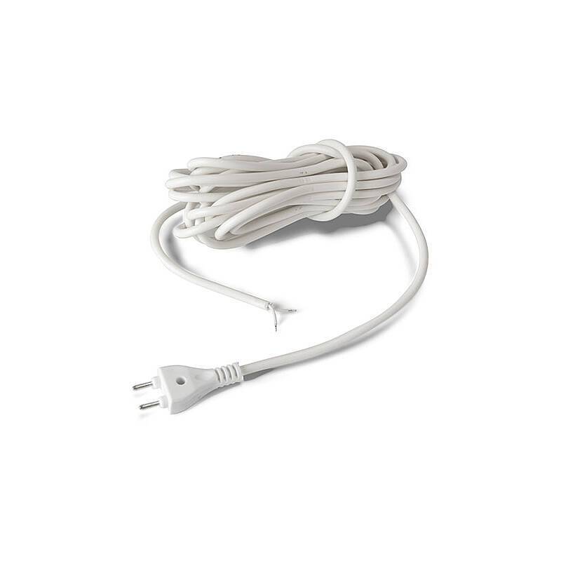 Ein aufgewickeltes weißes Elektroverlängerungskabel mit einem Stecker an einem Ende.