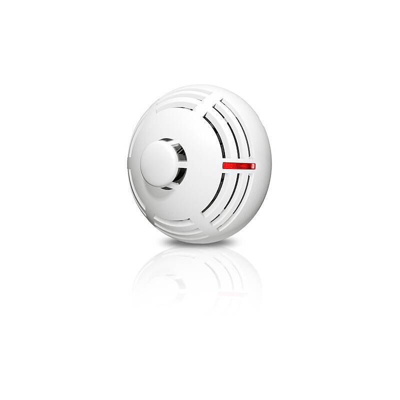 Ein weißer, runder, an der Decke montierter Rauchmelder mit rotem Anzeigelicht, entwickelt für Brandsicherheit und -erkennung in Wohnungen oder Gebäuden.