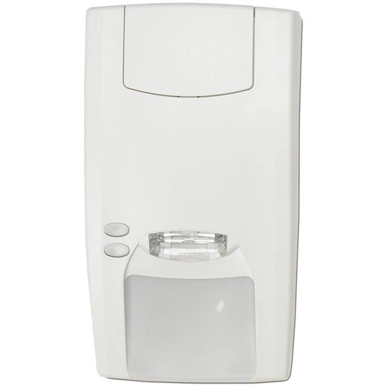 Ein weißer Bewegungssensor mit rechteckiger Form und zwei kleinen kreisförmigen Tasten auf der linken Seite.