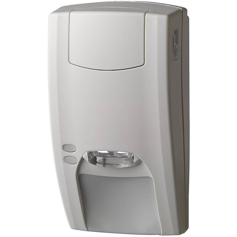 Ein weißer, wandmontierter automatischer Händedesinfektionsmittelspender mit Sensor und transparenter Kammer zur Sichtbarkeit der Flüssigkeit.
