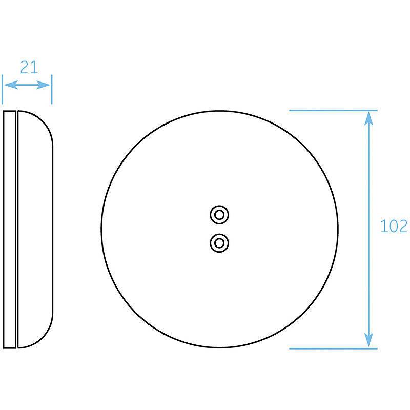 Diagramm eines kreisförmigen Objekts mit Seitenansicht und Frontansicht. Front zeigt zwei kleine Kreise in der Mitte. Abmessungen: 102 Durchmesser, 21 Tiefe.