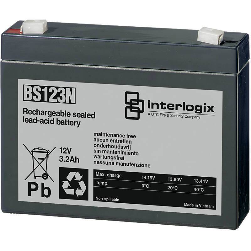 BS123N Wiederaufladbare versiegelte Blei-Säure-Batterie mit einer Kapazität von 12V 3,2Ah. Ausgestattet mit wartungsfreier Konstruktion, dargestellt mit Temperaturbereich und Spannungswerten.