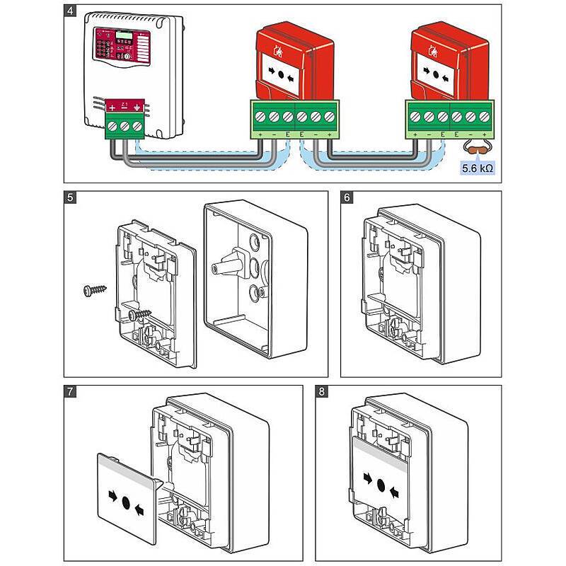 Illustrierte Schritt-für-Schritt-Anleitung zur Installation eines Sensors, die Verdrahtungsverbindungen und den Befestigungsprozess an einer Wand mit zahlreichen Komponenten zeigt.