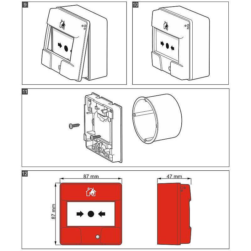 Diagramm zur Darstellung der Montage eines roten manuellen Brandmelder-Druckknopfmelders mit Abmessungen: 87 mm Breite, 87 mm Höhe, 47 mm Tiefe.