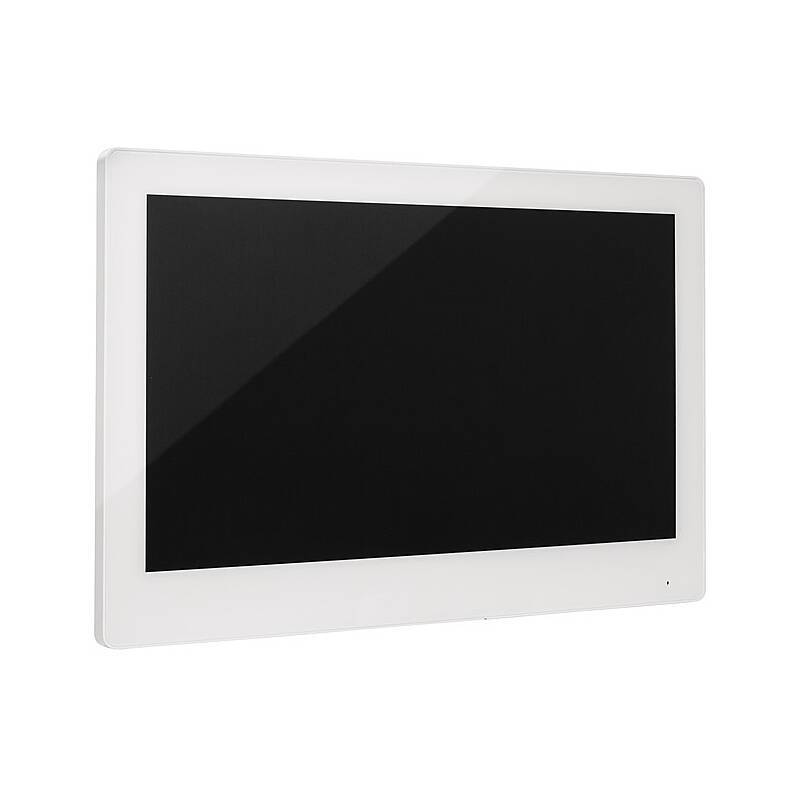 Ein an der Wand montierter Flachbildschirm mit schwarzem Bildschirm und weißem Rand auf weißem Hintergrund.