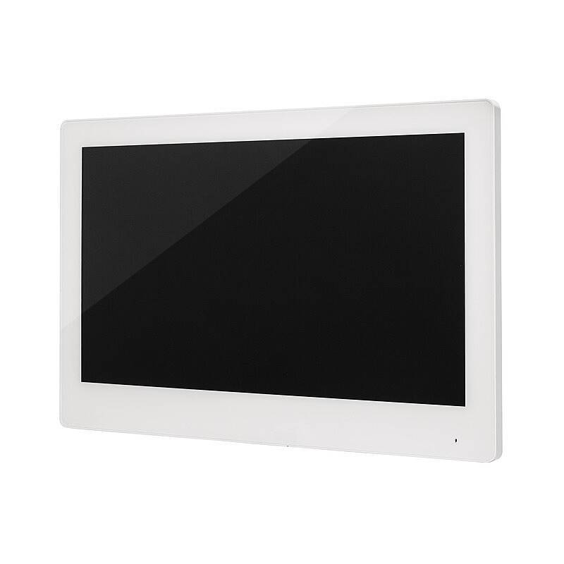 Weiß umrandeter Flachbildschirm-Monitor mit leerem schwarzem Display, schräg auf weißem Hintergrund dargestellt.