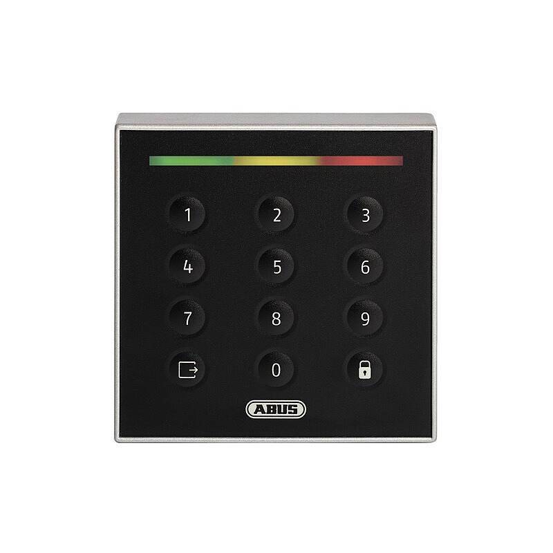 Ein schwarzes Sicherheitskeypad mit den Ziffern 1 bis 9 und einer Eingabetaste. LED-Anzeigen an der Oberseite zeigen rote, gelbe und grüne Lichter.