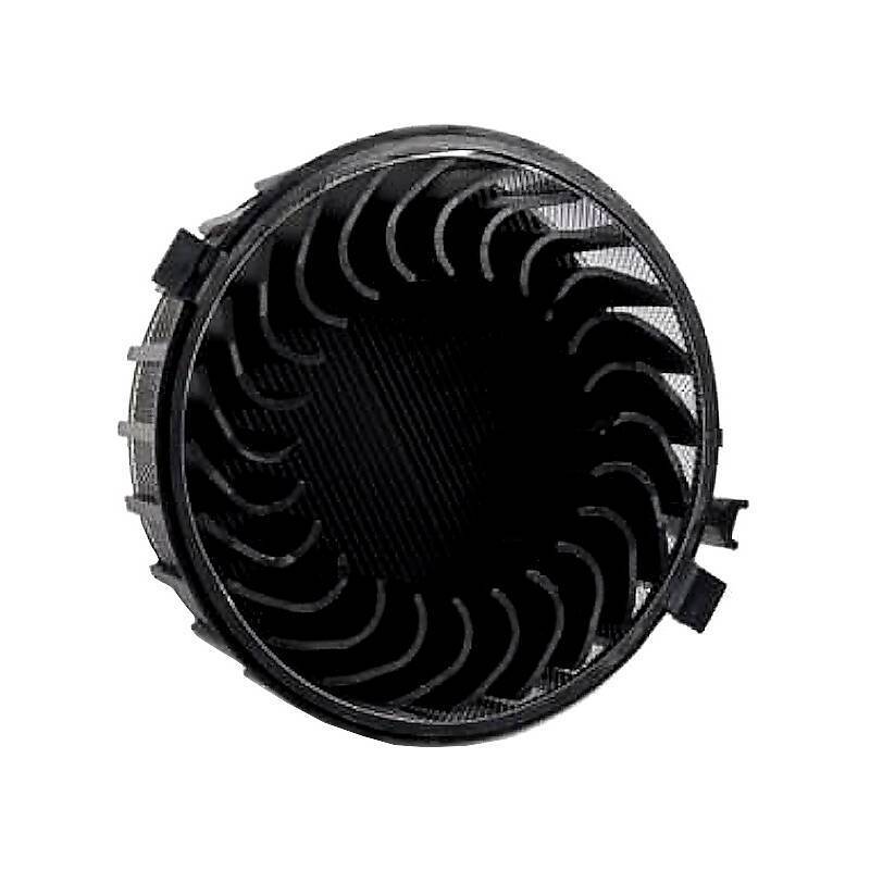 Ein kreisförmiger schwarzer Gegenstand mit einer Spiralblattgestaltung, höchstwahrscheinlich ein Ventilator oder eine Turbine, mit einem Gittermuster an seiner äußeren Kante.