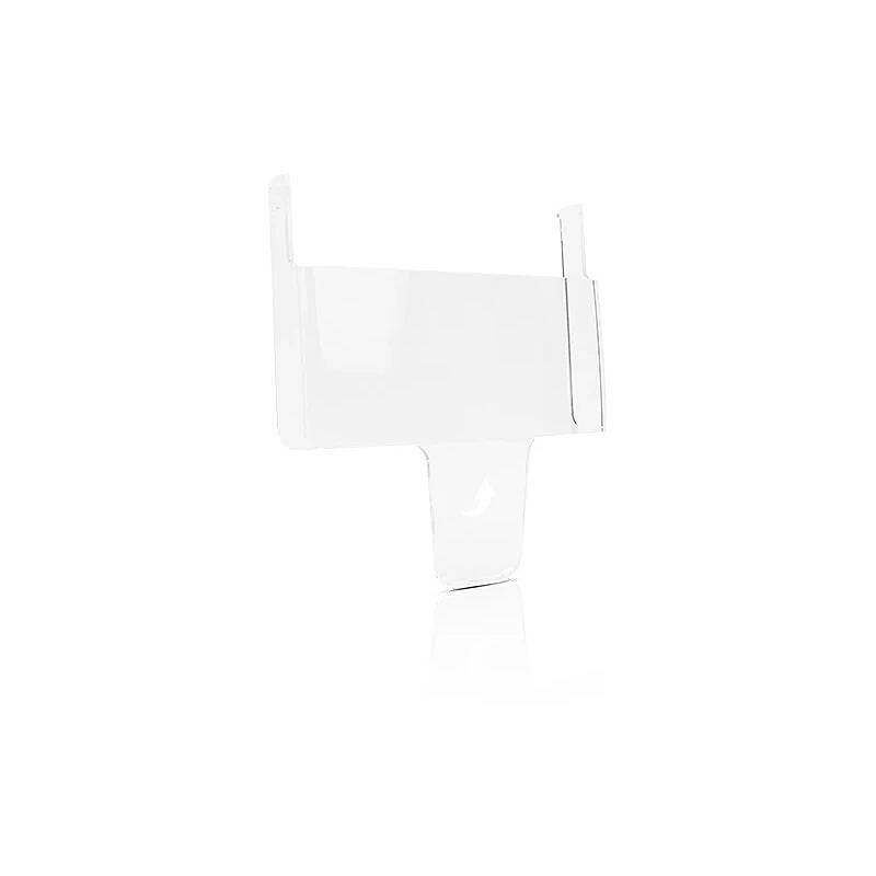 Ein klarer, wandmontierter Halter mit elegantem, minimalistischem Design zum Ausstellen von Broschüren oder kleinen Schildern. Er scheint aus Acryl gefertigt zu sein.