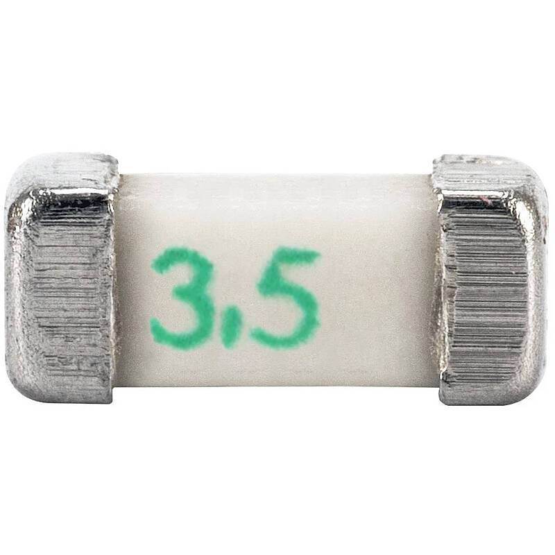 Eine kleine zylindrische Sicherung mit Metallkappen und der Zahl '3,5', die in grüner Farbe auf dem Gehäuse gedruckt ist.