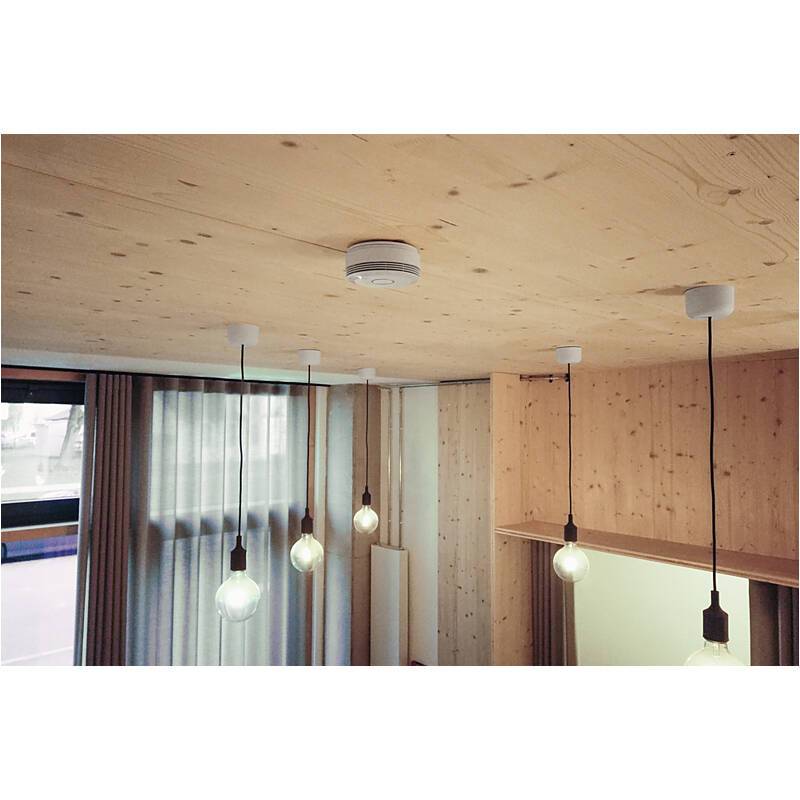 Minimalistisches Rauminterieur mit Sperrholzdecke und -wänden, hängenden freigelegten Glühbirnen und großem Fenster mit Vorhängen.