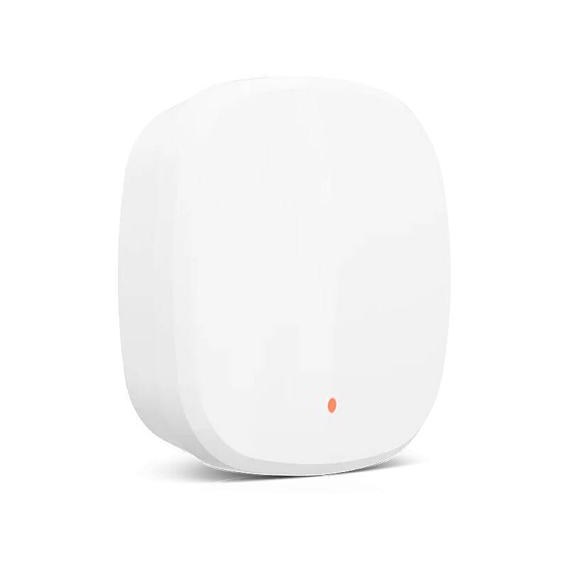 Ein weißer, rechteckiger intelligenter Sensor mit einem kleinen orangefarbenen Indikatorlicht auf der Vorderseite. Er ist für die Hausautomation und Überwachung konzipiert.