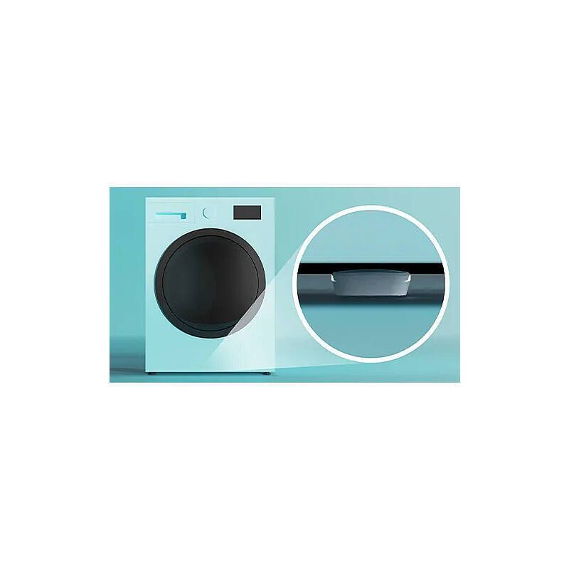 Eine blaue Waschmaschine mit vergrößerter Ansicht, die ein Detail der Schublade oder des Fachs zeigt, vor einem minimalistischen blauen Hintergrund.