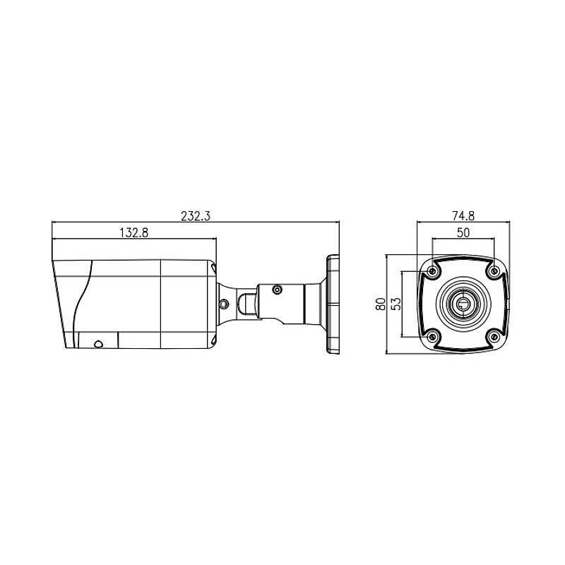 Technische Zeichnung einer Sicherheitskamera, mit Seiten- und Frontansicht und Abmessungen: 232,3 mm Länge, 80 mm Höhe, 74,8 mm Breite.