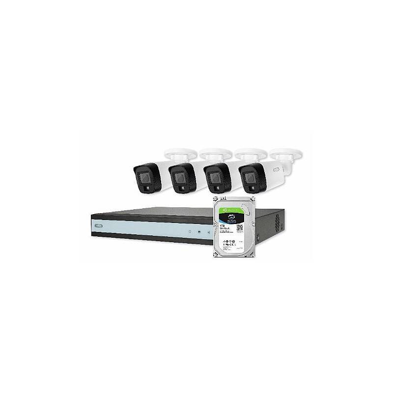 Satz aus vier Sicherheitskameras mit einem DVR und einer Festplatte, das ein Überwachungssystempaket zeigt.