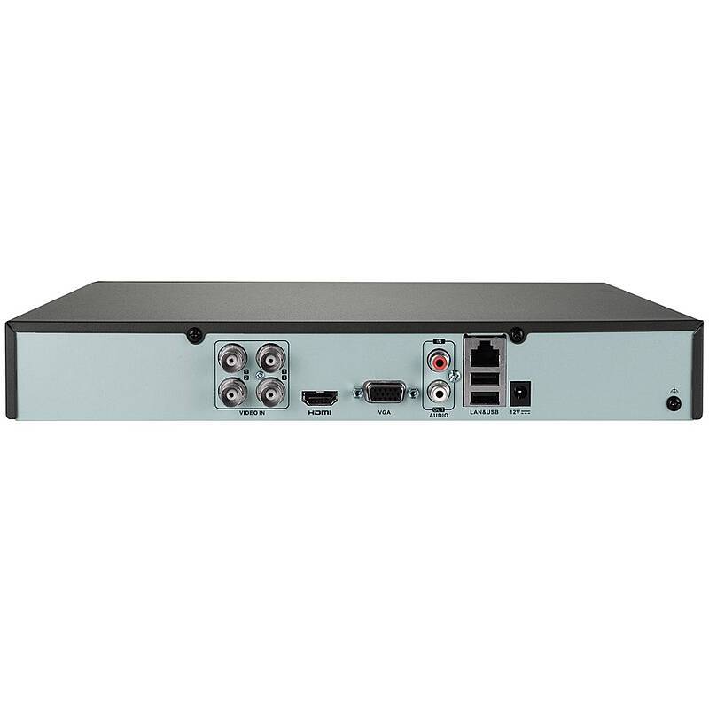 Rückansicht eines DVR- oder Rekorders mit Video-Eingängen auf BNC-Anschlüssen, HDMI, VGA, Audioeingängen, LAN-Anschlüssen und einem 12-V-Stromeingang.