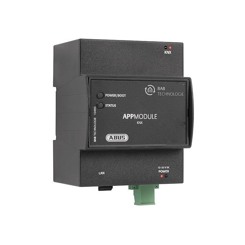 Schwarzes ABB APPMODULE KNX-Gebäudesteuergerät mit LAN- und 12-32V DC-Stromanschlüssen, auf weißem Hintergrund dargestellt.