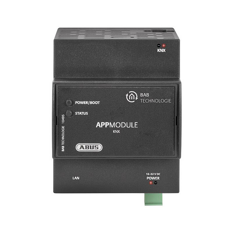 Schwarzes ABB/BAB Technologie APPMODULE KNX Gerät mit Strom-/Statusanzeigen und LAN-/Stromlabels, frontal auf weißem Hintergrund dargestellt.