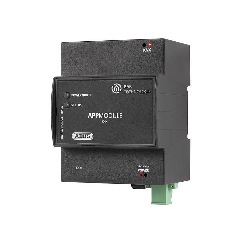 Black B.B. Technology APPMODULE KNX Steuermodul mit Energie-, Status- und LAN-Beschriftungen und grünem Terminalstecker.