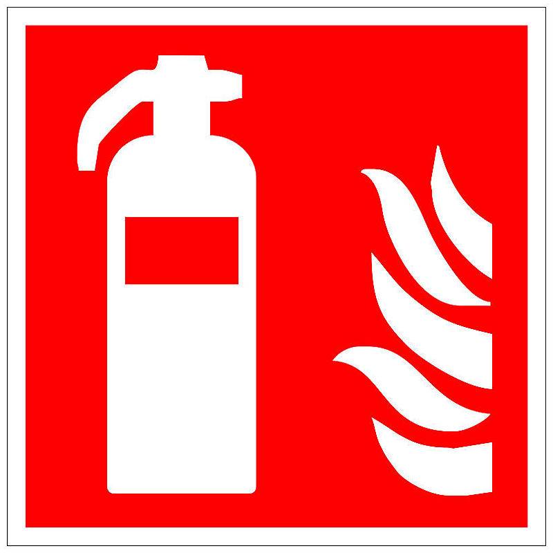 Feuerlöscher-Symbol auf einem roten Sicherheitsschild mit weißen Flammen, das den Standort von Feuerlöschgeräten oder eine Brandgefahr anzeigt.