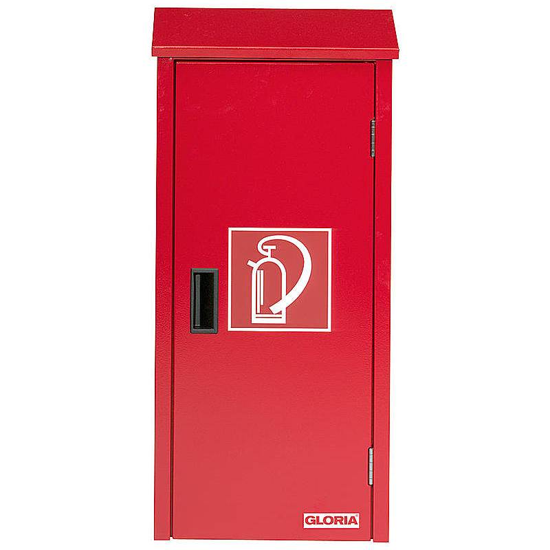 Roter Feuerlöscher-Schrank mit Schlauchrolsymbol und GLORIA-Etikett auf der Vordertür.