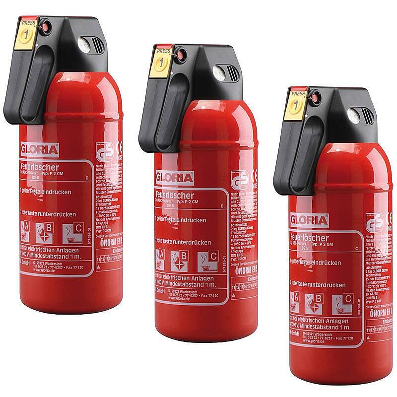 3er Set GLORIA Autofeuerlöscher P2 GM m. Manometer, Set-Inhalt: 3x Feuerlöscher, 3x Halterung | FEUERLÖSCHER-SET - Mode