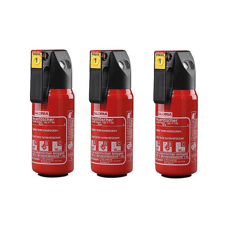3er Set GLORIA Autolöscher P 1 DB mit Kfz-Halter, Set-Inhalt: 3x Feuerlöscher, 2x Halterung | FEUERLÖSCHER-SET - Modell