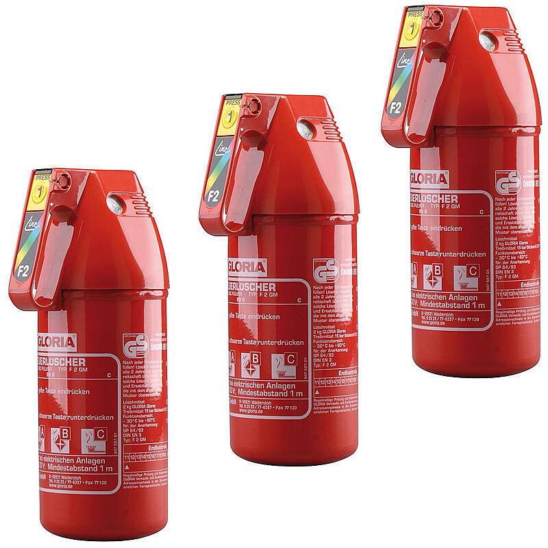 3er Set GLORIA Autofeuerlöscher F2 GM + KFZ Halter, Set-Inhalt: 3x Feuerlöscher, 3x Halterung | FEUERLÖSCHER-SET - Mode