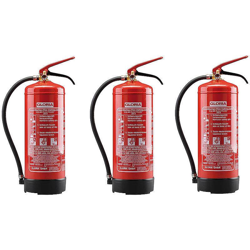 3er Set GLORIA Pulverlöscher Dauerdruck PD 6 GA, Set-Inhalt: 3x Feuerlöscher, 3x Halterung | FEUERLÖSCHER-SET - Modell: