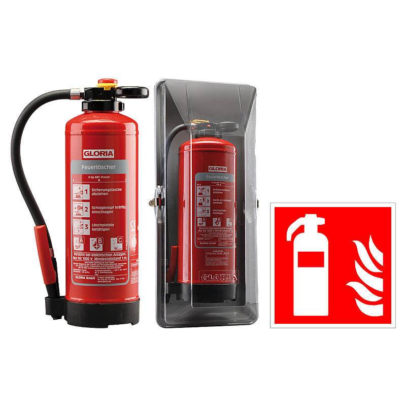 GLORIA Feuerlöscher P12PRO + KWH12 Kasten + Schild, Set-Inhalt: Wandhalterung, Warnschild, Feuerlöscher, Schutzschrank