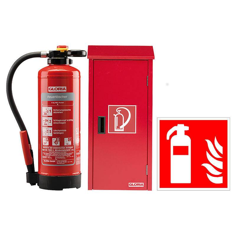 GLORIA Löscher P12 PRO + ES-FL-12 Kasten + Schild, Set-Inhalt: Wandhalterung, Warnschild, Feuerlöscher, Schutzschrank f