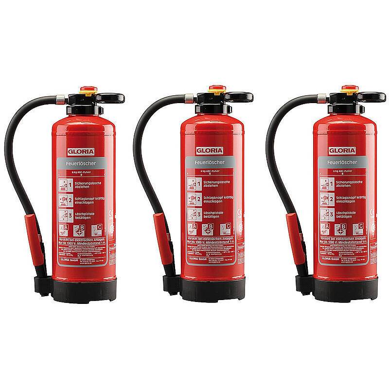 3er Set GLORIA Pulver-Feuerlöscher P12 PRO, Set-Inhalt: 3x Feuerlöscher, 3x Halterung | FEUERLÖSCHER-SET - Modell: Pro-