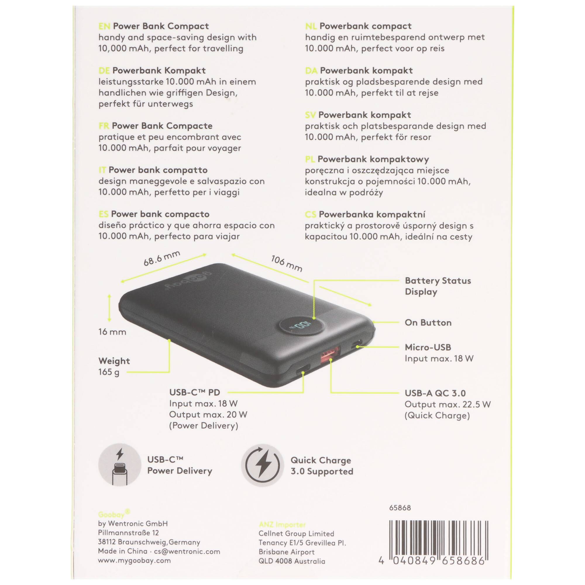 Powerbank 10.000mAh, PD und QC kompatibel, mit digitaler LED-Anzeige, inkl. Ladekabel