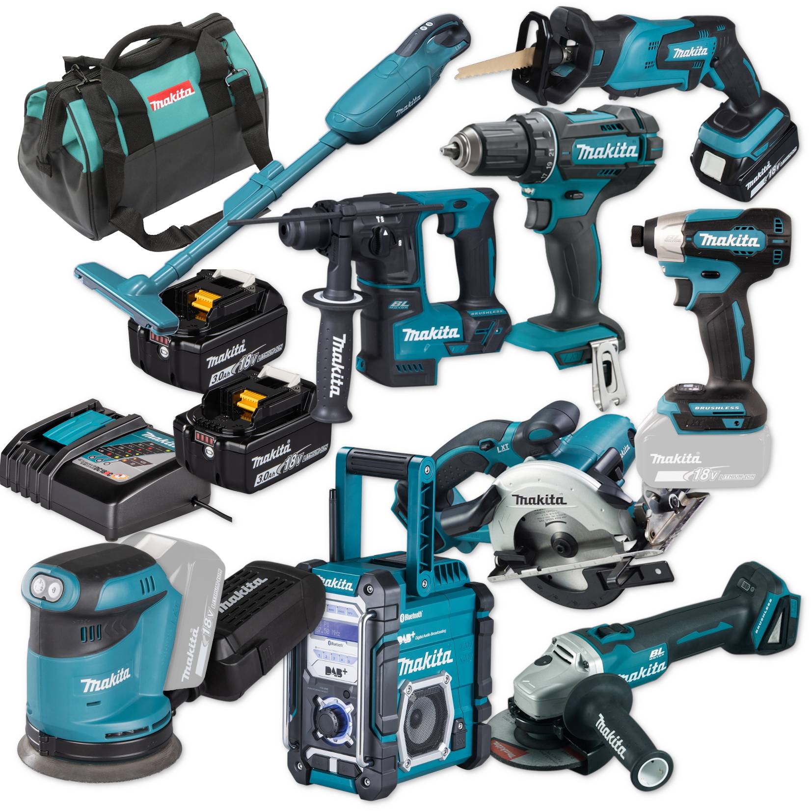 Makita Akku Combo Set 18V XXL DSS501 DMR112 DCL181 DHR171 DGA504 DBO180 DTD157