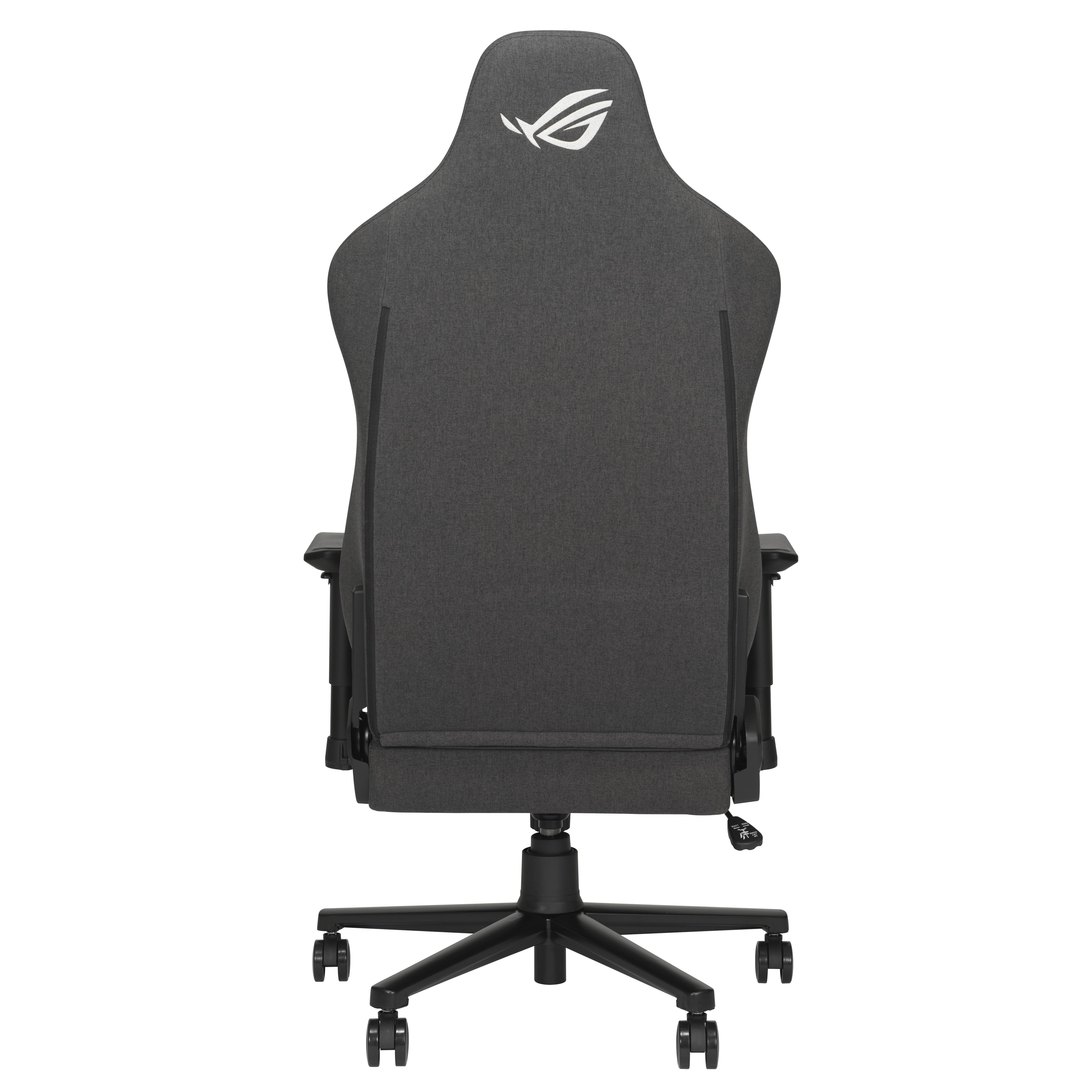 Rückansicht eines grauen ROG-Gaming-Stuhls mit verstellbaren Armlehnen und fünfzackiger Rollenbasis auf schwarzem Hintergrund.