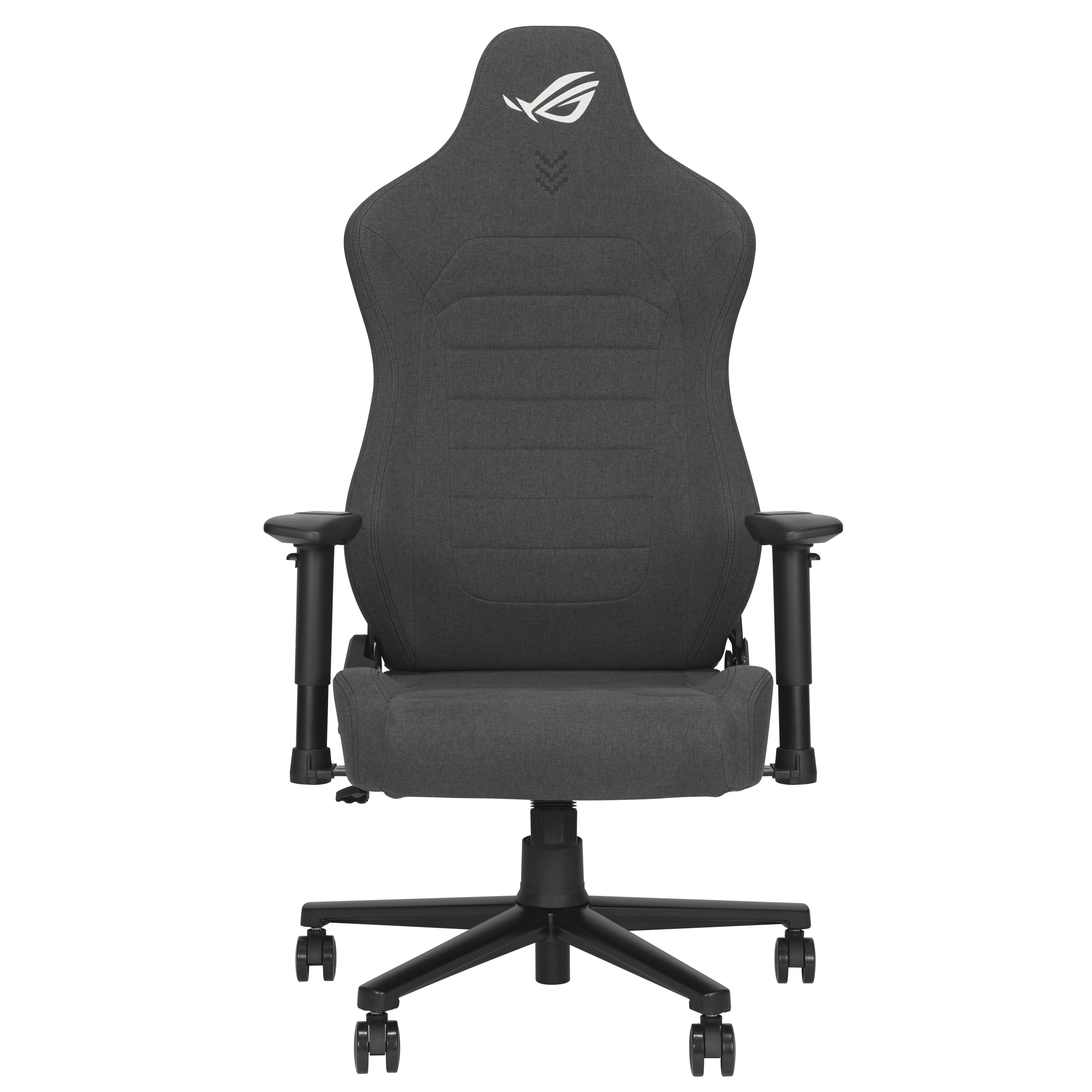 Vorderansicht eines schwarzen ergonomischen Gaming-Stuhls mit Kopfstütze, Armlehnen und fünfrädrigem Standfuß auf einfarbigem schwarzem Hintergrund.