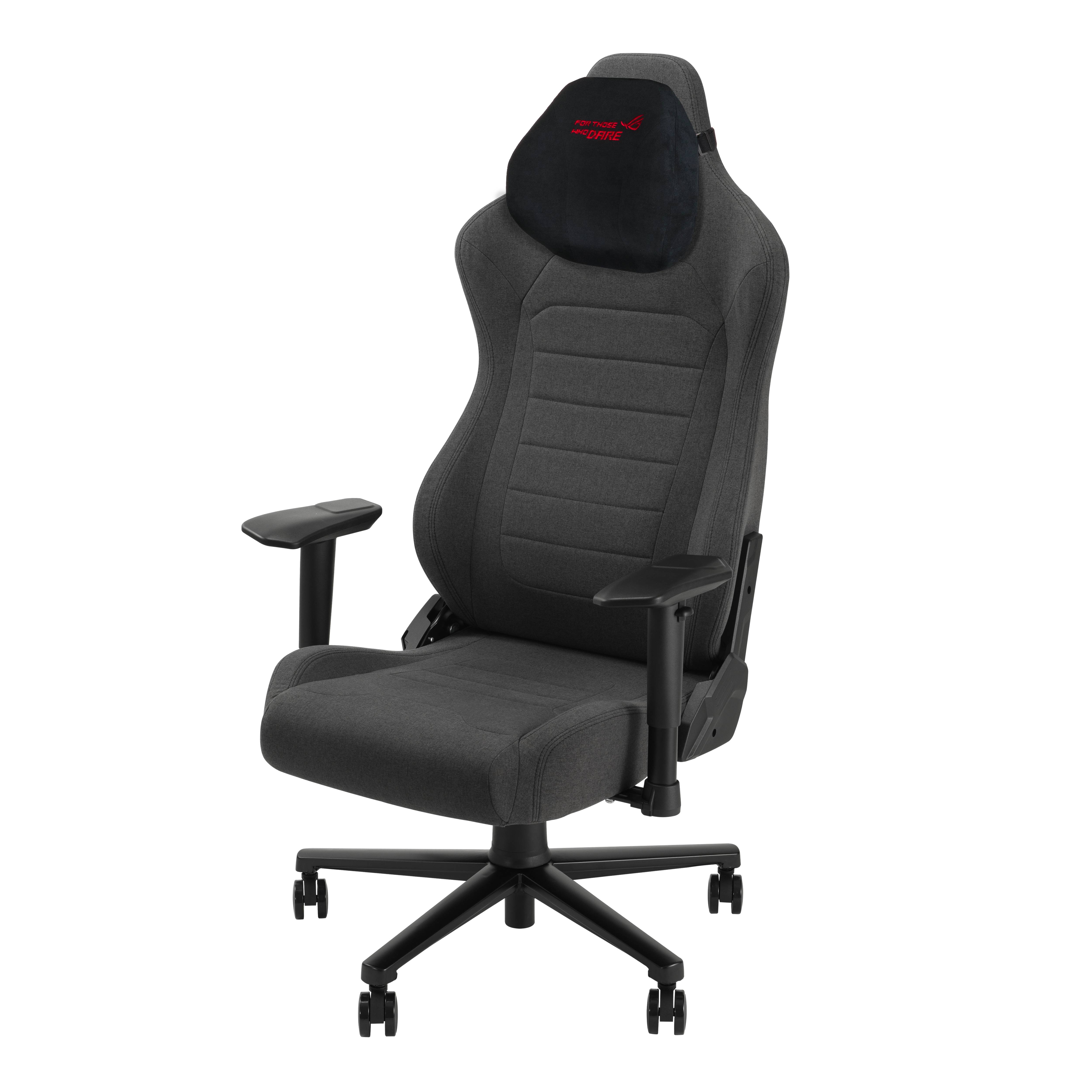 Schwarzer ergonomischer Gaming-Bürostuhl mit Kopfstütze, Armlehnen und räderiger fünfzackiger Basis auf dunklem Hintergrund.