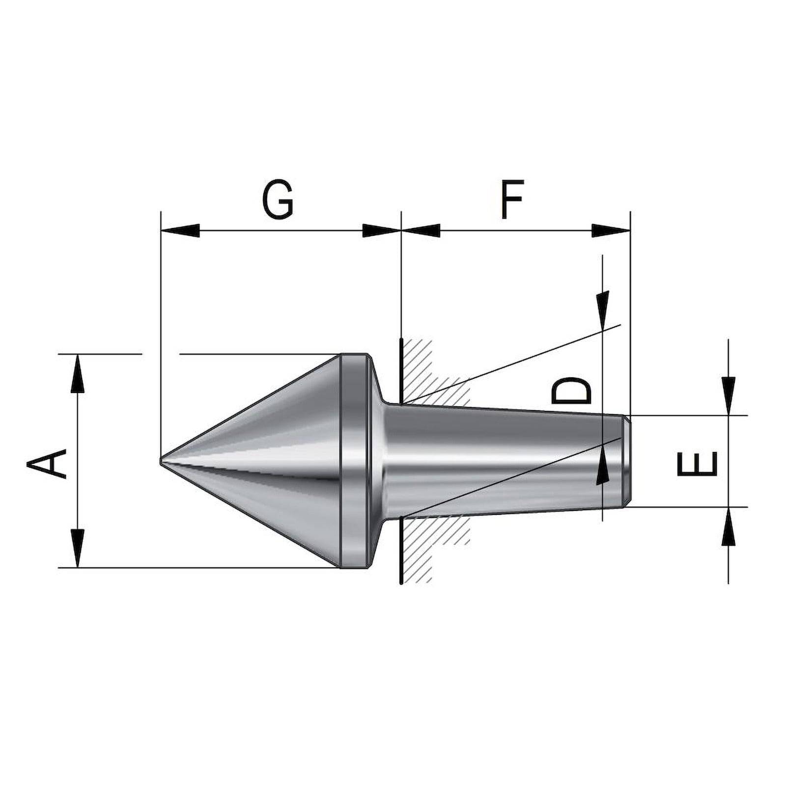 Diagramm eines metallischen konischen Werkzeugs mit einer spitzen Spitze und beschrifteten Abmessungen: A, G, F, D und E, das Längen- und Durchmessermessungen anzeigt.