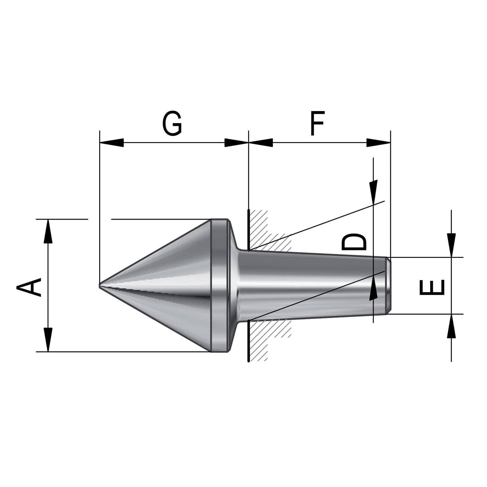 Diagramm eines konischen Maschinenteils mit gekennzeichneten Abmessungen: A (Höhe), G (Gesamtlänge), F (Kegellänge), E (Wellendurchmesser), D (Schulterlänge).